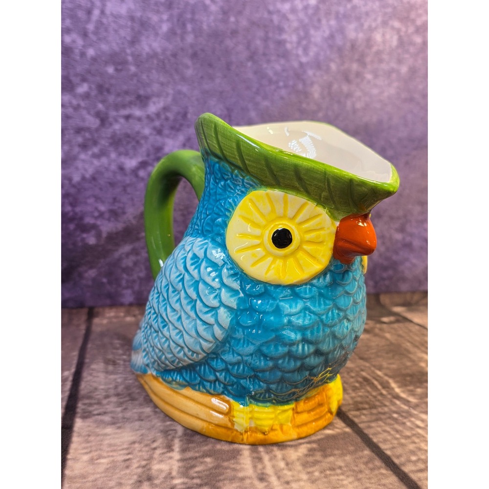 Nature's‎ Home Blue Owl Ceramic Pitcher Creamer Bird Hand Painted 5 Inch